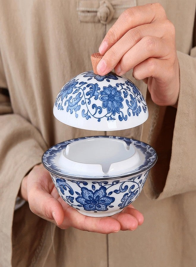 Chiorgone Vintage Blue and White Porcelain Ashtray with Lid - Chinese Feng Shui Floral Ceramic Windproof Ash Holder for Home, Office, Patio Decor - Image 5